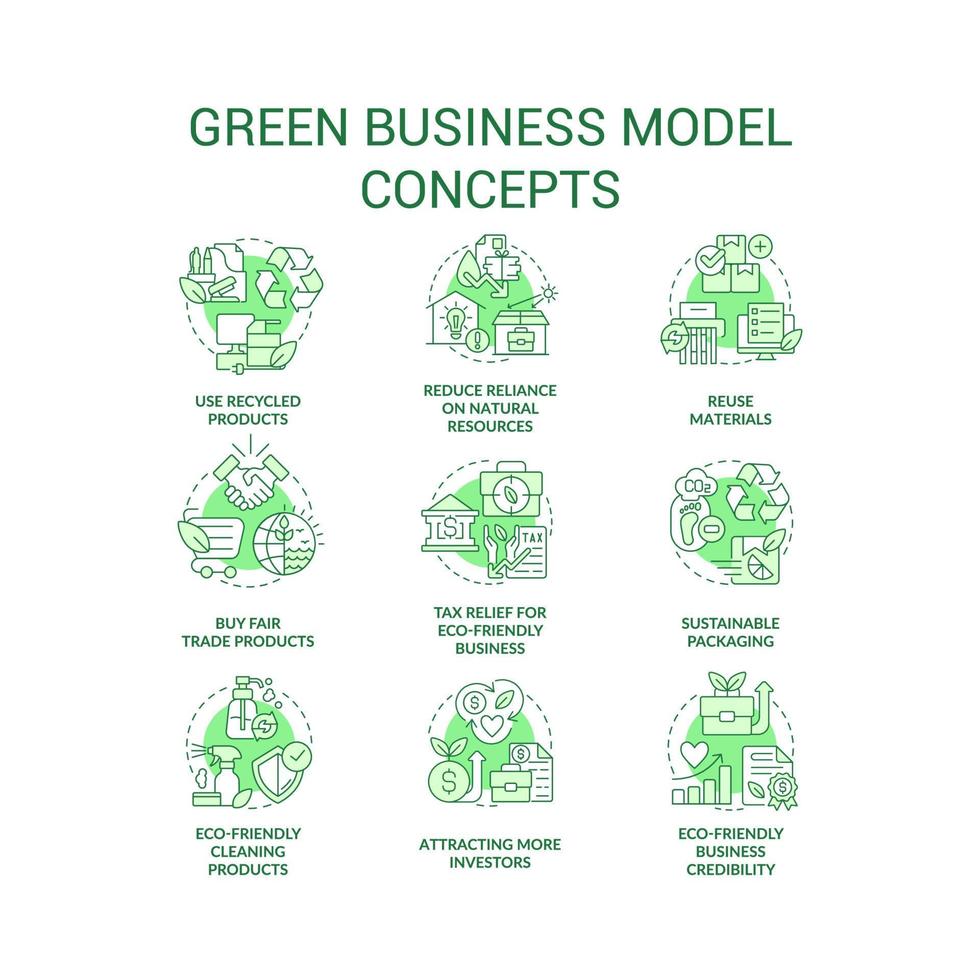Ecological business model green concept icons set. Eco-friendly manufacturing idea thin line color illustrations. Isolated symbols. Editable stroke vector