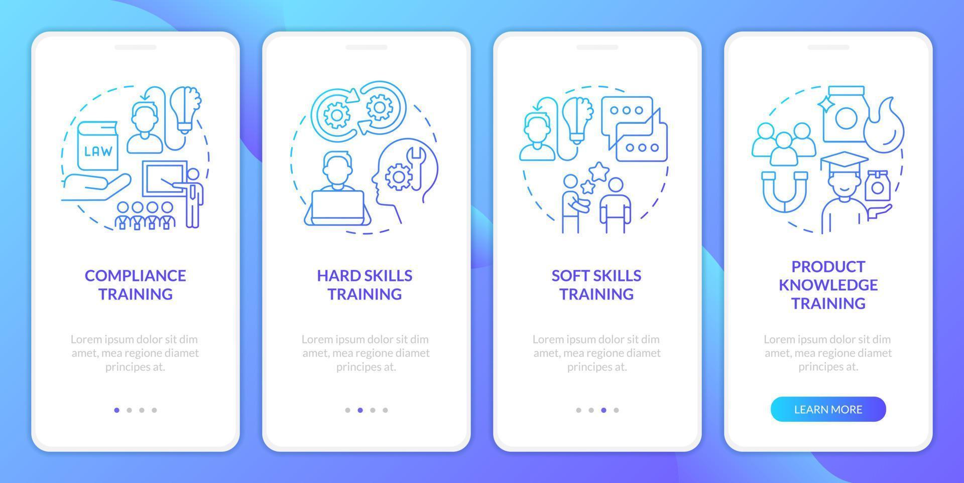 Employee training programs types blue gradient onboarding mobile app screen. Walkthrough 4 steps graphic instructions with linear concepts. UI, UX, GUI template vector