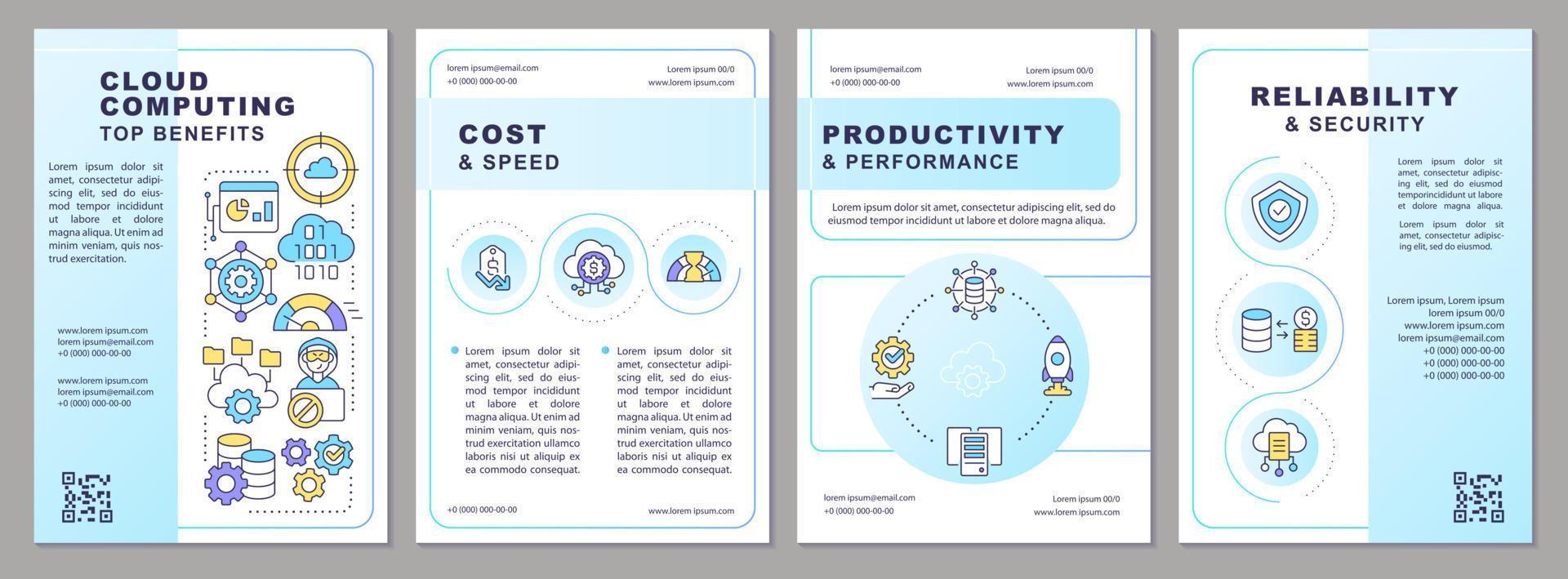 Cloud computing trends benefits light blue brochure template. Leaflet design with linear icons. Editable 4 vector layouts for presentation, annual reports