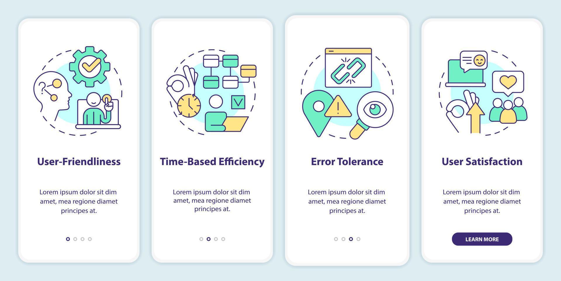Basic metrics for usability testing onboarding mobile app screen. Walkthrough 4 steps editable graphic instructions with linear concepts. UI, UX, GUI template vector