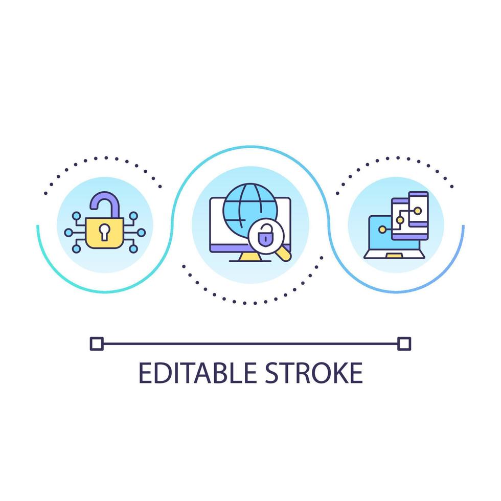 Multiple devices usage and security loop concept icon. Protecting computer from cyber threats abstract idea thin line illustration. Isolated outline drawing. Editable stroke vector