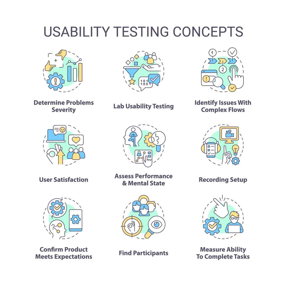 usabilidad pruebas concepto íconos colocar. conducta producto investigación. usuario experiencia diseño idea Delgado línea color ilustraciones. aislado simbolos editable carrera vector