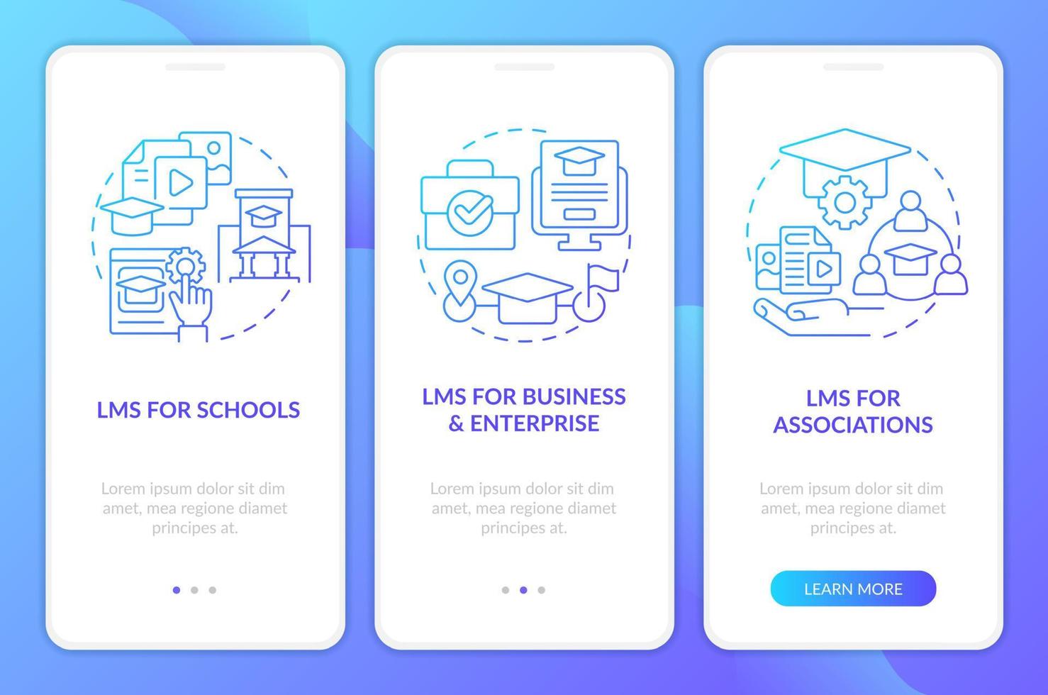 Learning management system deploy blue gradient onboarding mobile app screen. Walkthrough 3 steps graphic instructions with linear concepts. UI, UX, GUI template vector