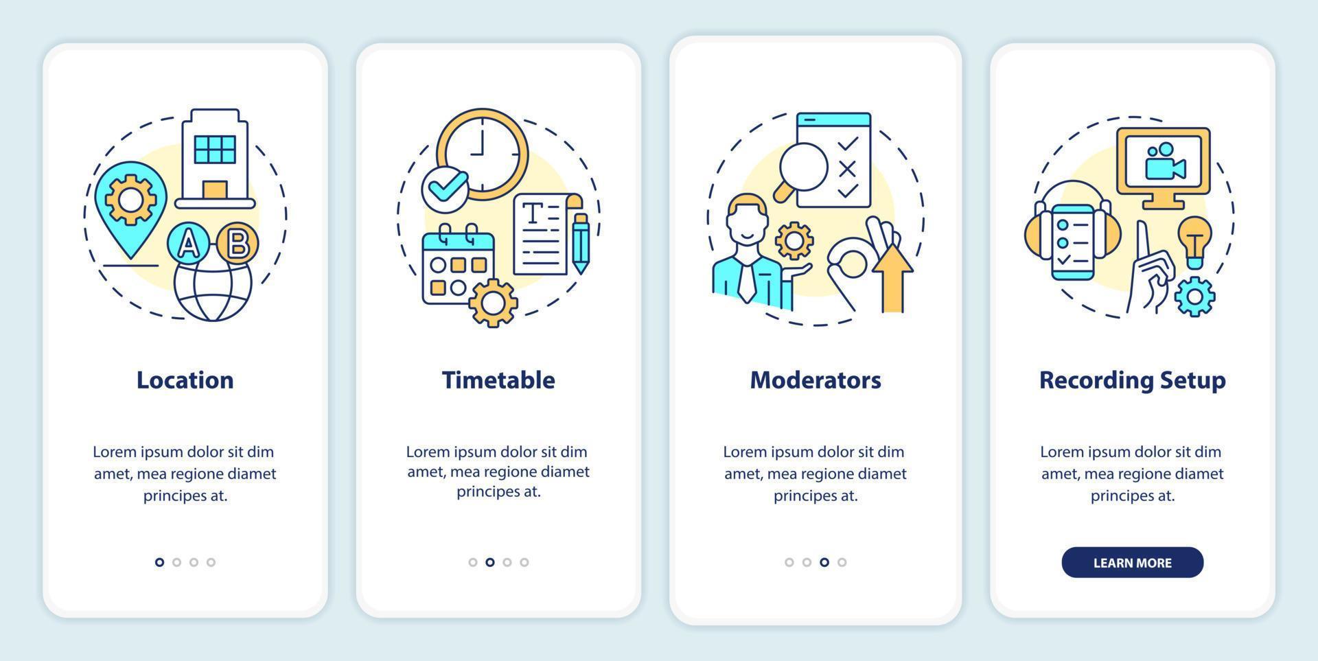 Logistical details of usability testing onboarding mobile app screen. Walkthrough 4 steps editable graphic instructions with linear concepts. UI, UX, GUI template vector