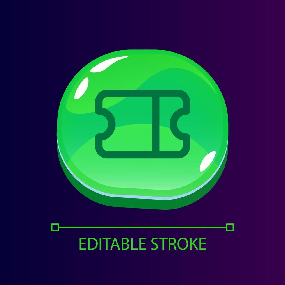 Ticket glossy ui button with linear icon. Online booking service. Customer comfort. Isolated user interface element for web, mobile, video game design. Editable stroke vector