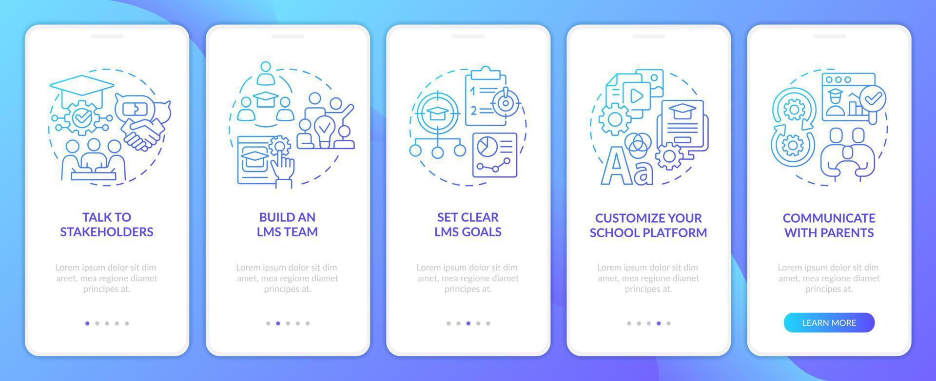 Launching school LMS blue gradient onboarding mobile app screen. Walkthrough 5 steps graphic instructions with linear concepts. UI, UX, GUI template vector
