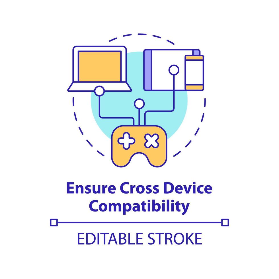 Ensure cross device compatibility concept icon. Gadget compliance. Cloud gaming abstract idea thin line illustration. Isolated outline drawing. Editable stroke vector