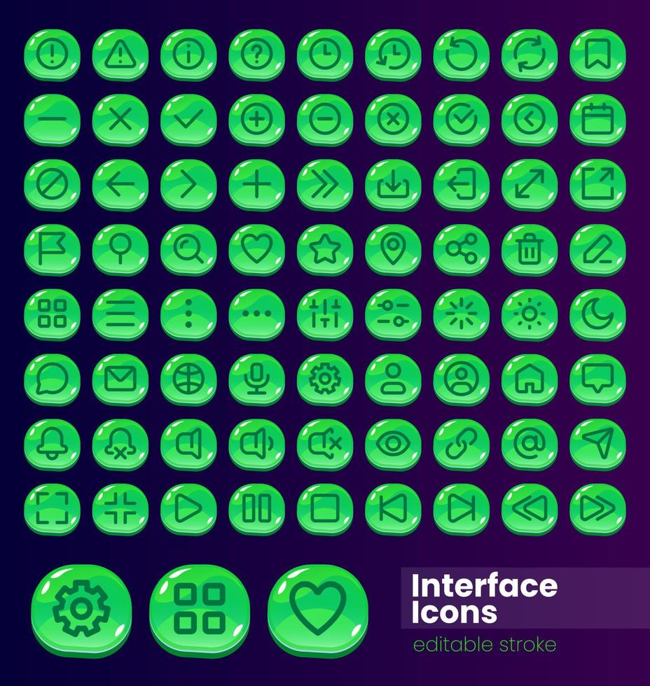 Website building glossy ui button with linear icon big set. Digital technology. Isolated user interface elements collection for web, mobile, video game design. Editable stroke vector