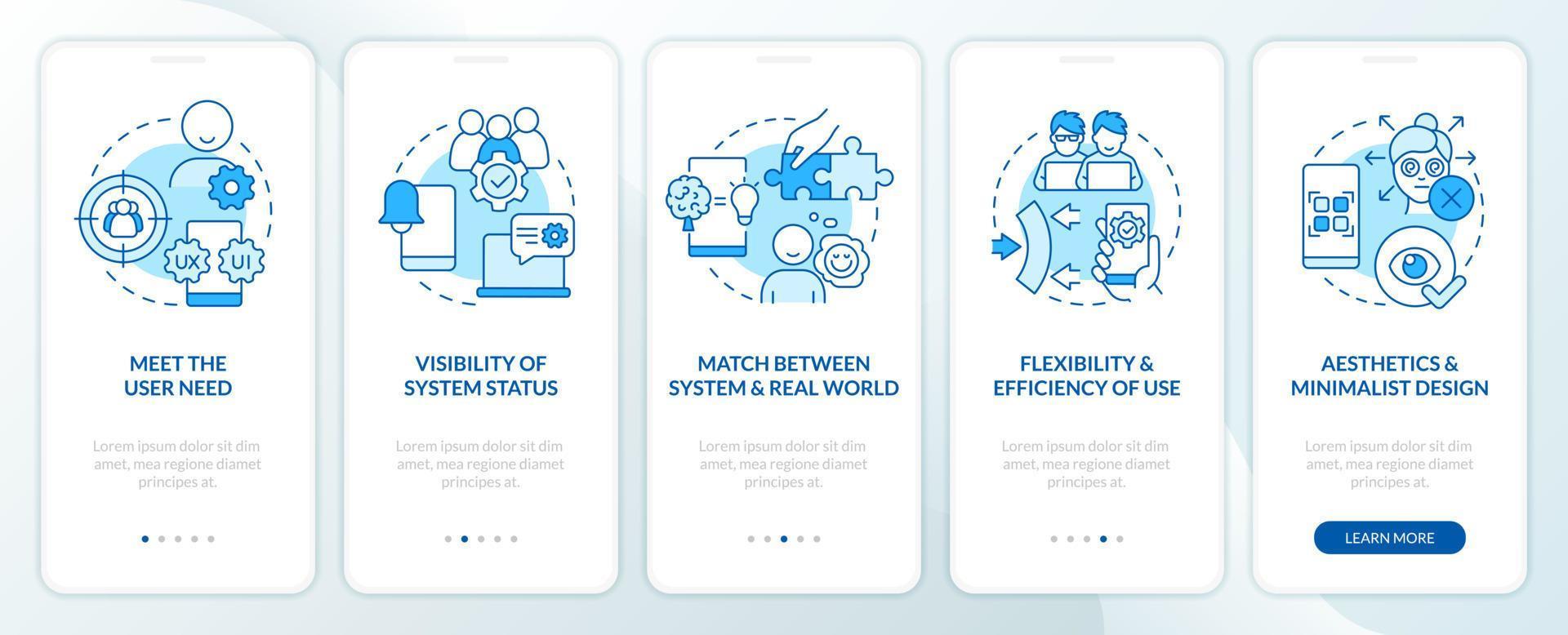 User experience design improving blue onboarding mobile app screen. Walkthrough 5 steps editable graphic instructions with linear concepts. UI, UX, GUI template vector