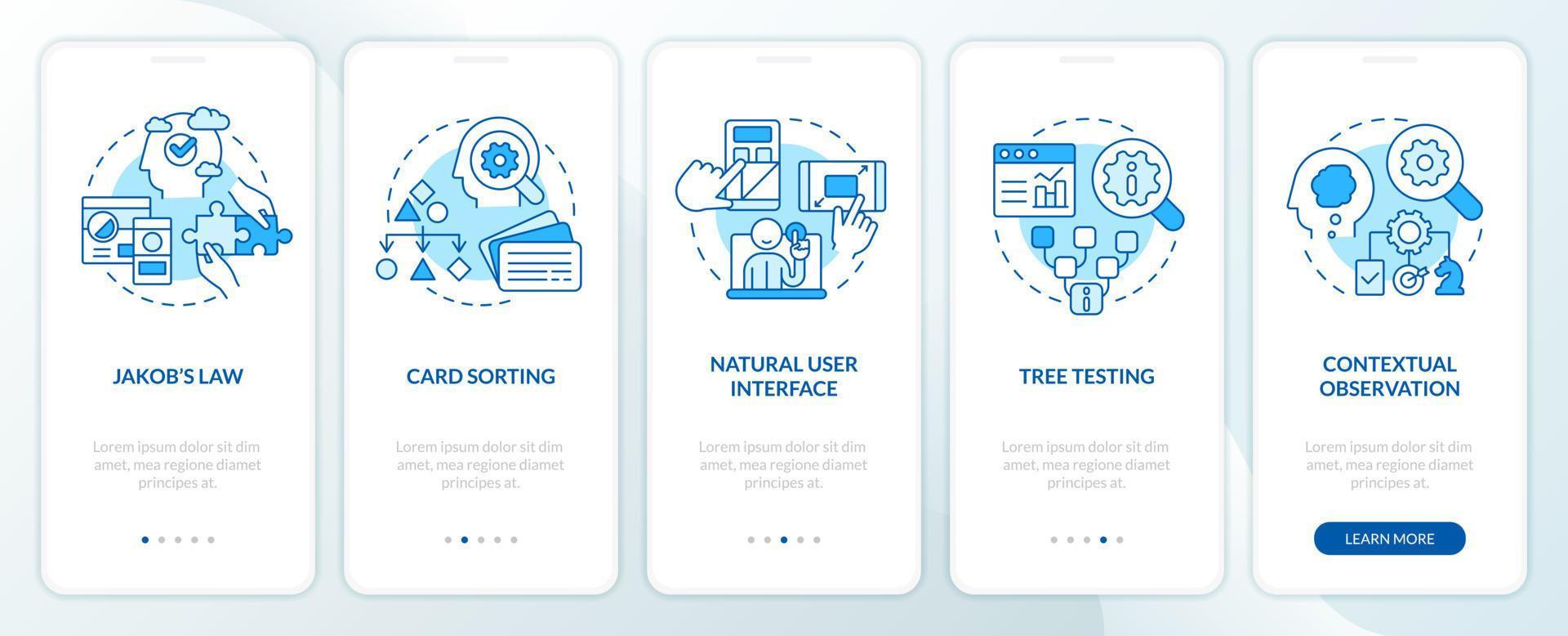 Mental models in user research blue onboarding mobile app screen. Walkthrough 5 steps editable graphic instructions with linear concepts. UI, UX, GUI template vector