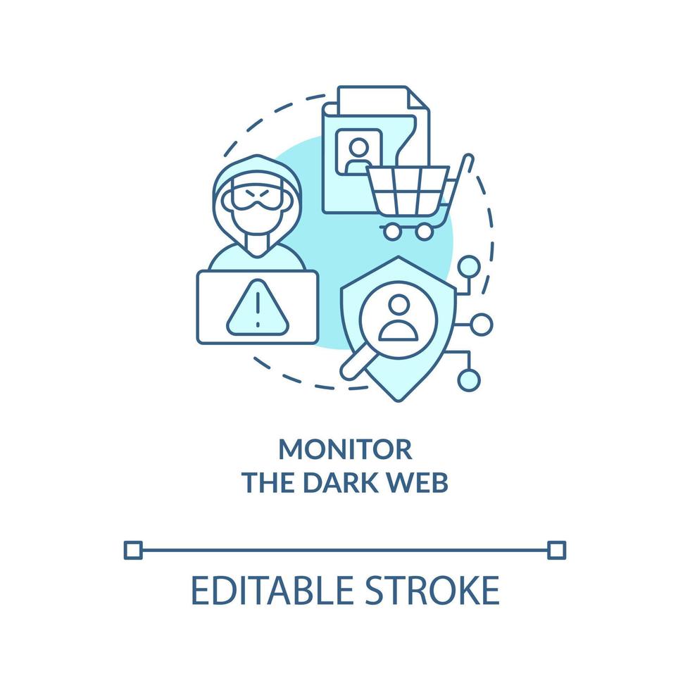 Monitor dark web turquoise concept icon. Check personal exposed data abstract idea thin line illustration. Isolated outline drawing. Editable stroke vector