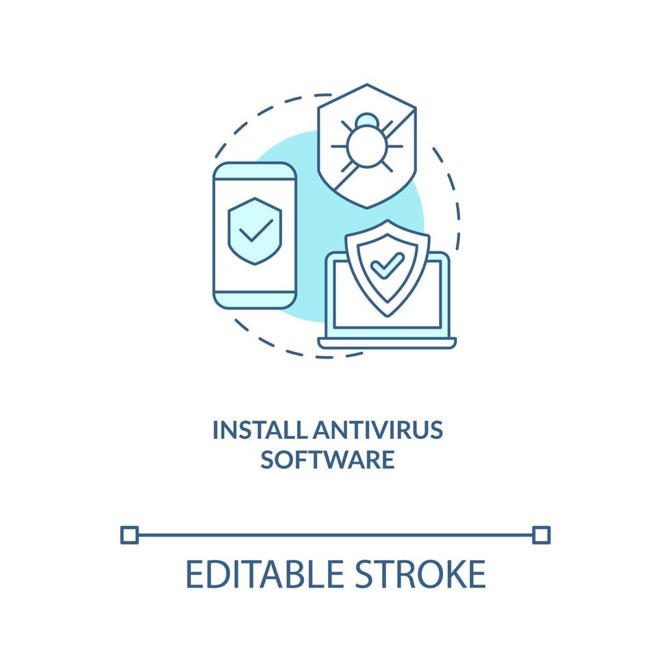 Install antivirus software turquoise concept icon. Devices protection abstract idea thin line illustration. Isolated outline drawing. Editable stroke vector