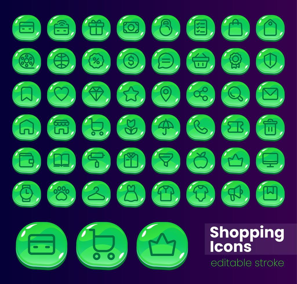 compras lustroso ui botón con lineal icono grande colocar. mi comercio desarrollo. aislado usuario interfaz elementos colección para web, móvil, vídeo juego diseño. editable carrera vector