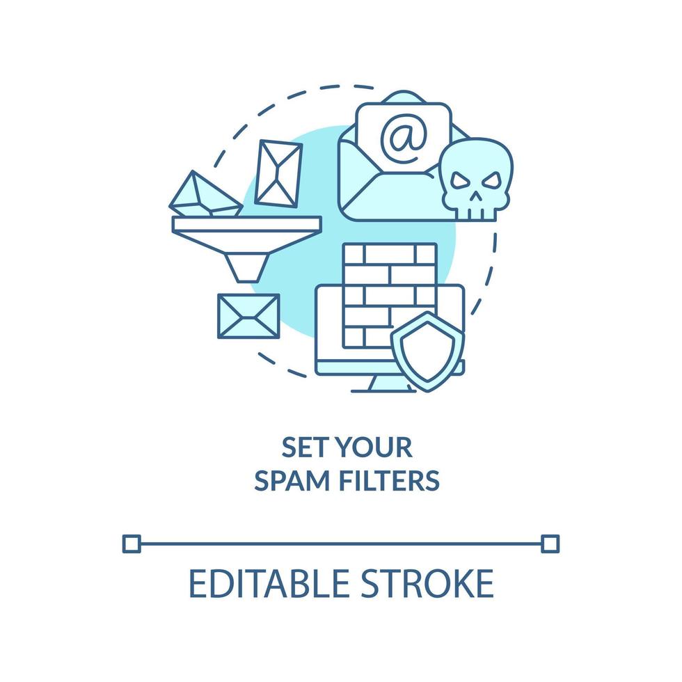 Set your spam filters turquoise concept icon. Check security settings abstract idea thin line illustration. Isolated outline drawing. Editable stroke vector