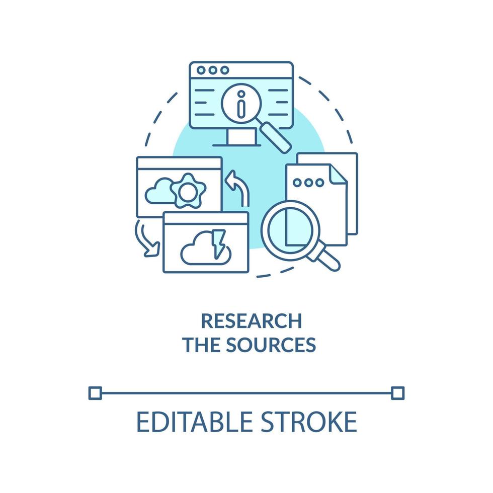 Research sources turquoise concept icon. Check information in Internet abstract idea thin line illustration. Isolated outline drawing. Editable stroke vector