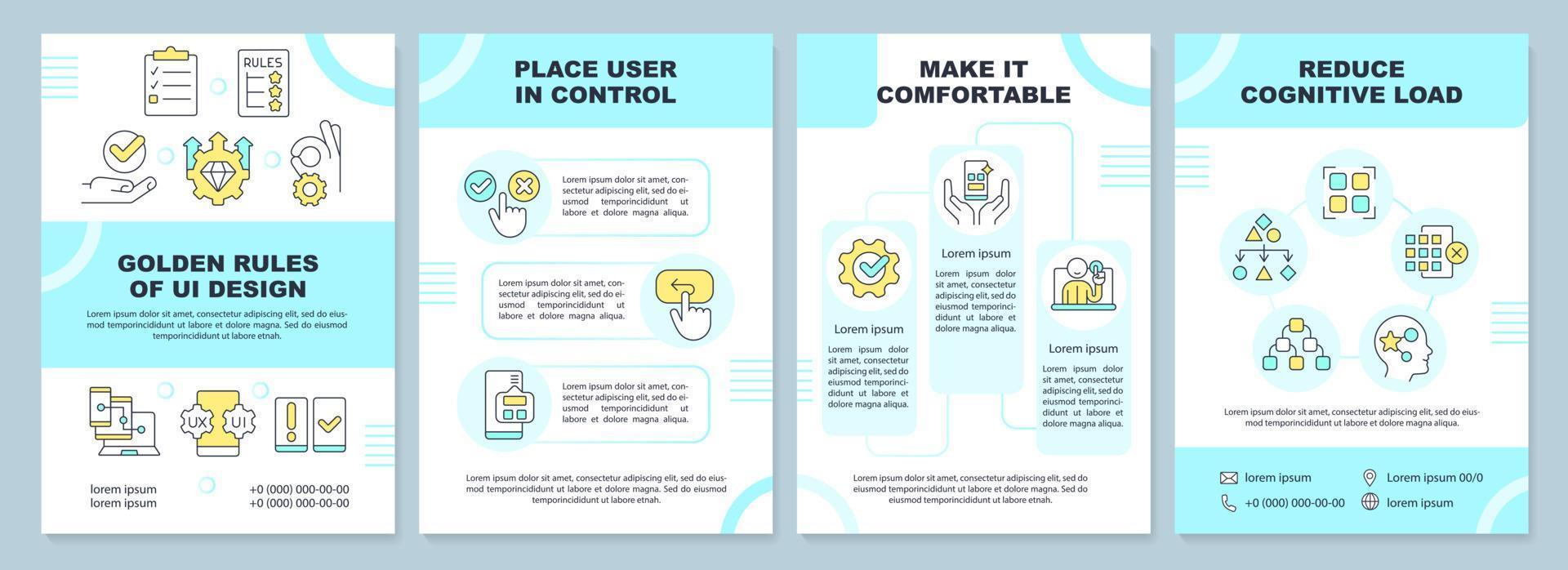 Golden rules of UI blue brochure template. User interface. Leaflet design with linear icons. Editable 4 vector layouts for presentation, annual reports