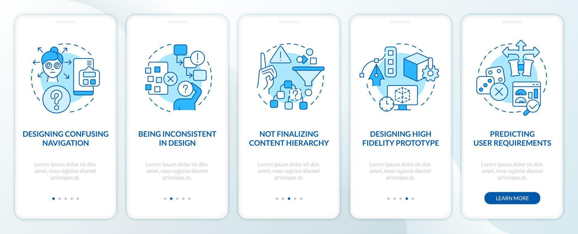 Common user experience mistakes blue onboarding mobile app screen. Walkthrough 5 steps editable graphic instructions with linear concepts. UI, UX, GUI template vector