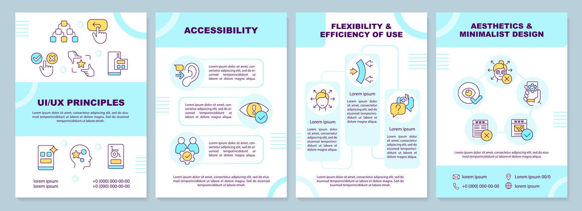 UI UX principles blue brochure template. User experience. Leaflet design with linear icons. Editable 4 vector layouts for presentation, annual reports