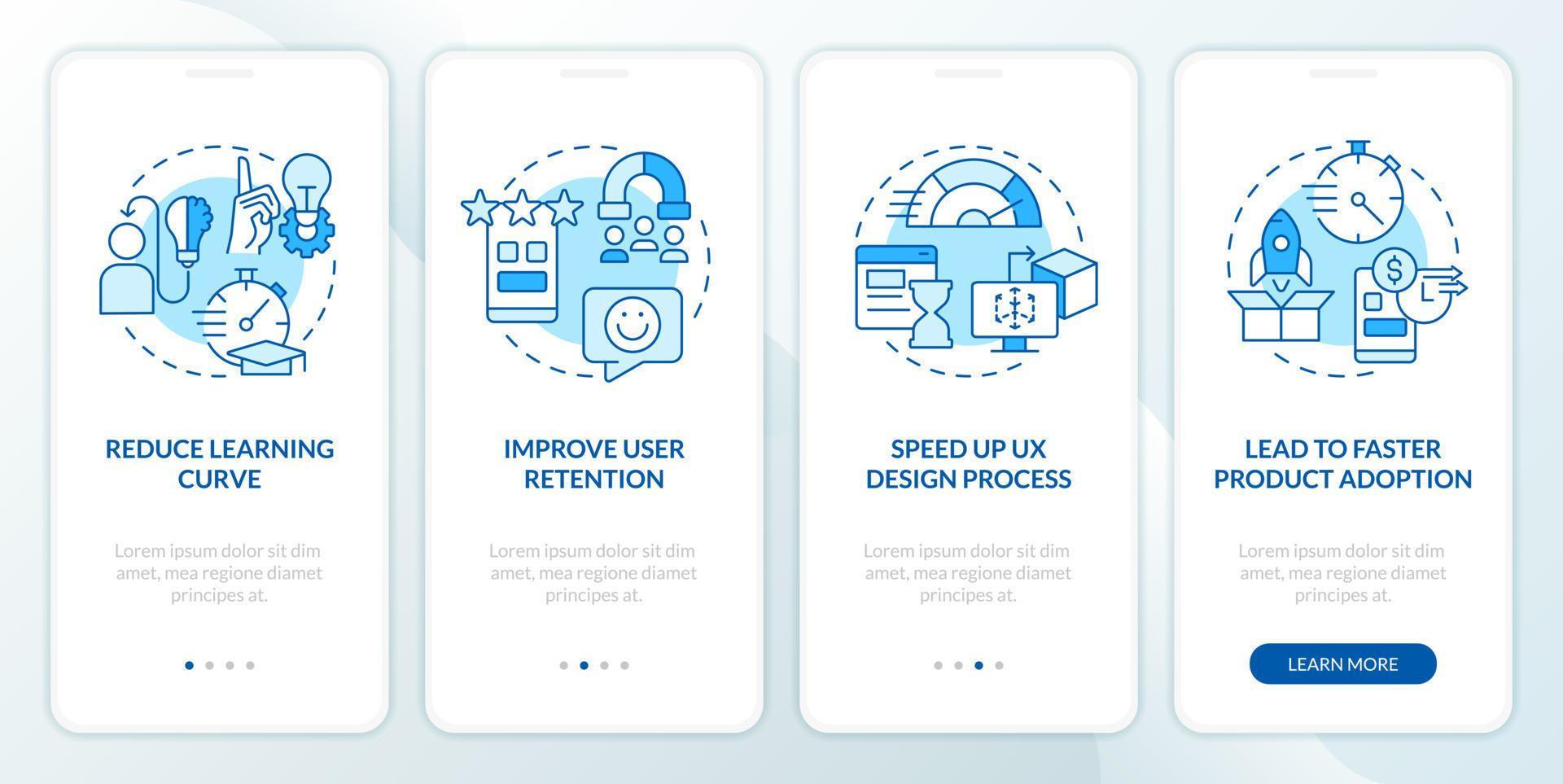 Using familiarity in web design blue onboarding mobile app screen. Walkthrough 4 steps editable graphic instructions with linear concepts. UI, UX, GUI template vector