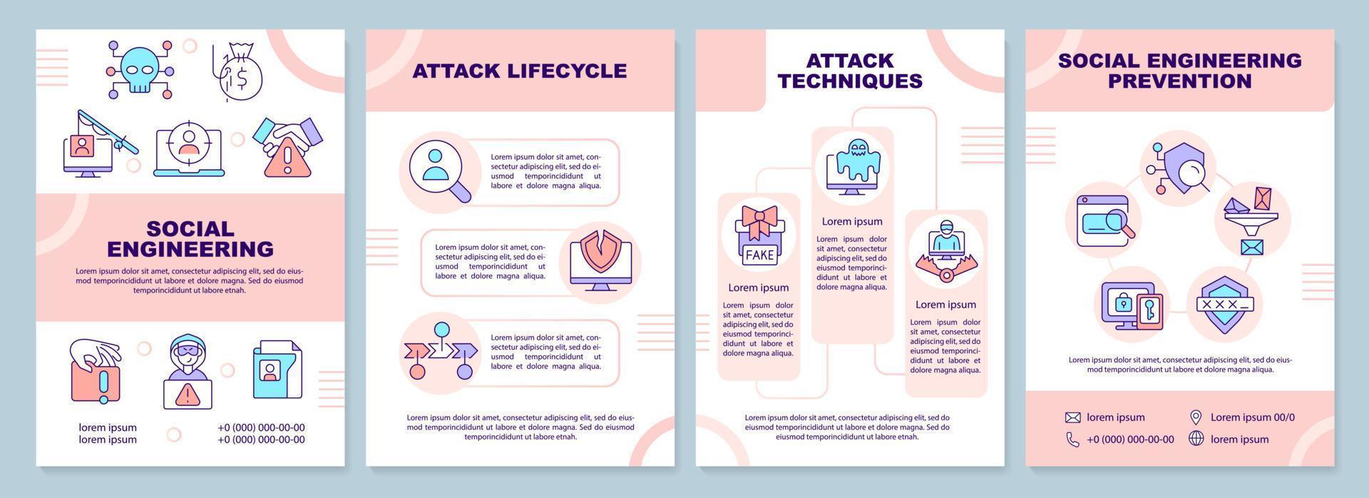 Cybercrime and social engineering pink brochure template. Leaflet design with linear icons. Editable 4 vector layouts for presentation, annual reports