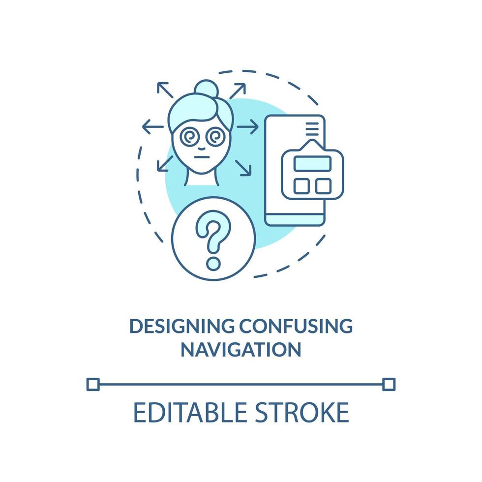 Designing confusing navigation turquoise concept icon. Common user experience problem abstract idea thin line illustration. Isolated outline drawing. Editable stroke vector