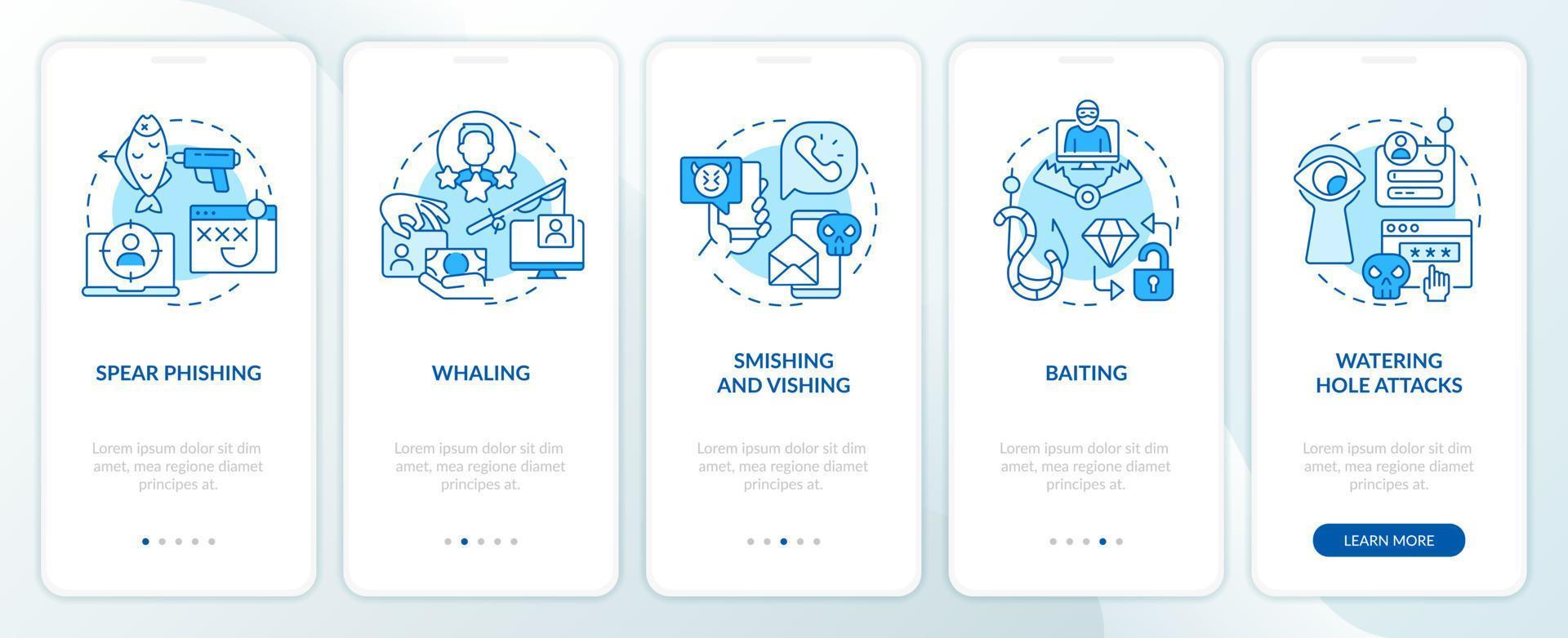 Social engineering attacks tactics blue onboarding mobile app screen. Walkthrough 5 steps editable graphic instructions with linear concepts. UI, UX, GUI template vector