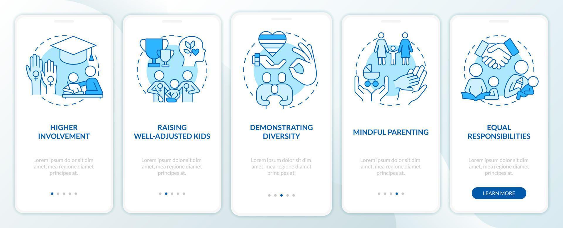 Benefits of same sex parenting blue onboarding mobile app screen. Walkthrough 5 steps editable graphic instructions with linear concepts. UI, UX, GUI template vector