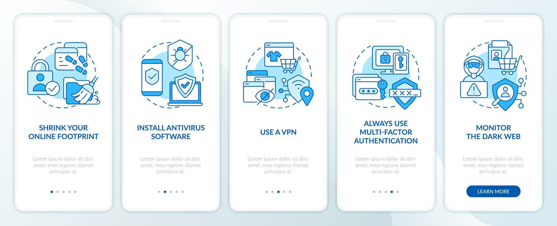 Cyberattacks prevention blue onboarding mobile app screen. Walkthrough 5 steps editable graphic instructions with linear concepts. UI, UX, GUI template vector