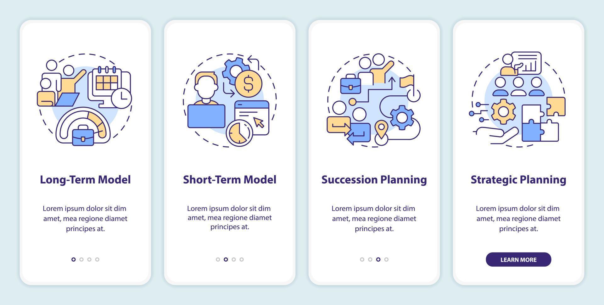 IT staffing models onboarding mobile app screen. Hiring walkthrough 4 steps editable graphic instructions with linear concepts. UI, UX, GUI template vector