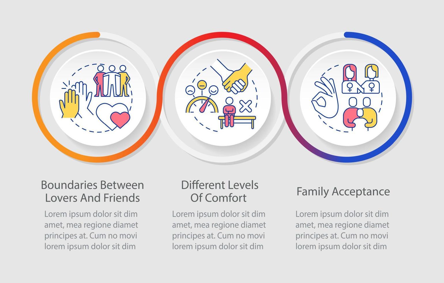 Issues within LGBT couples loop infographic template. Same sex partners. Data visualization with 3 steps. Timeline info chart. Workflow layout with line icons vector