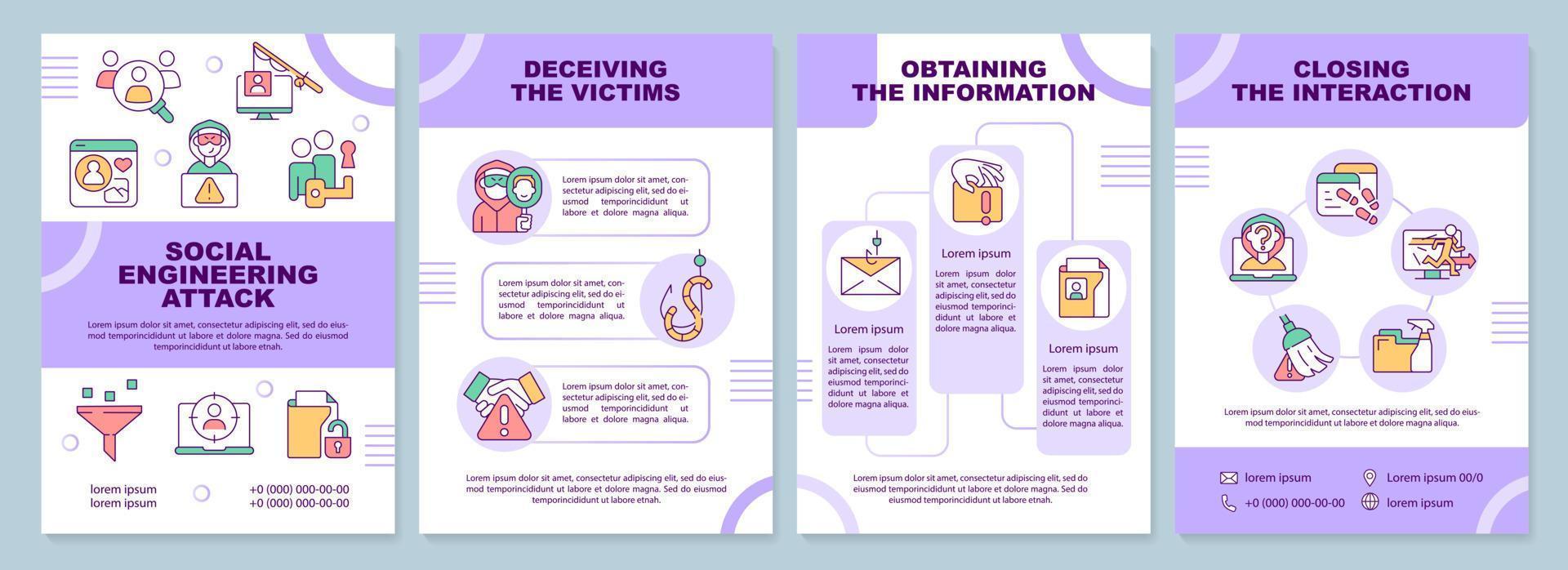 Social engineering attack purple brochure template. Cybercrime. Leaflet design with linear icons. Editable 4 vector layouts for presentation, annual reports