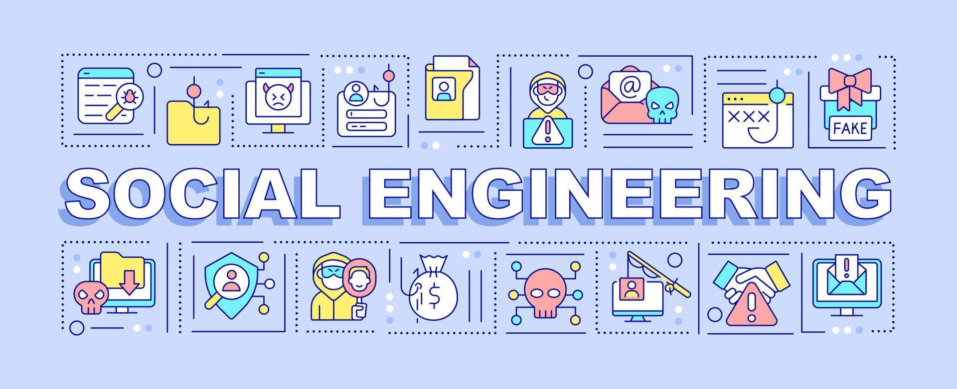 Social engineering word concepts blue banner. Cybercrime attacks. Infographics with editable icons on color background. Isolated typography. Vector illustration with text