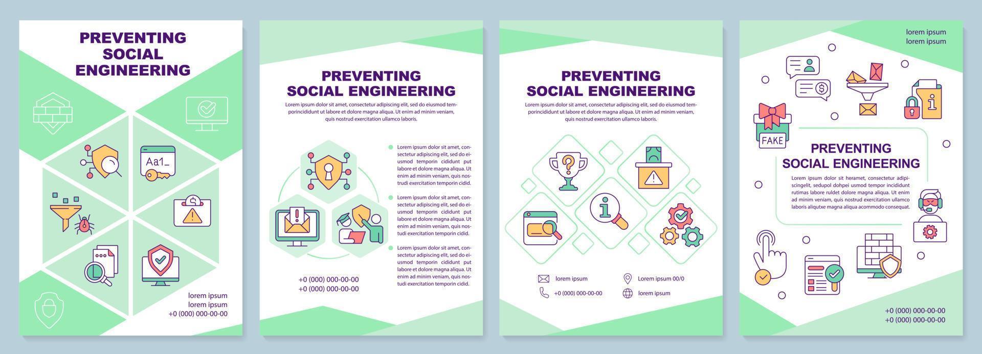 Preventing social engineering green brochure template. Safety. Leaflet design with linear icons. Editable 4 vector layouts for presentation, annual reports