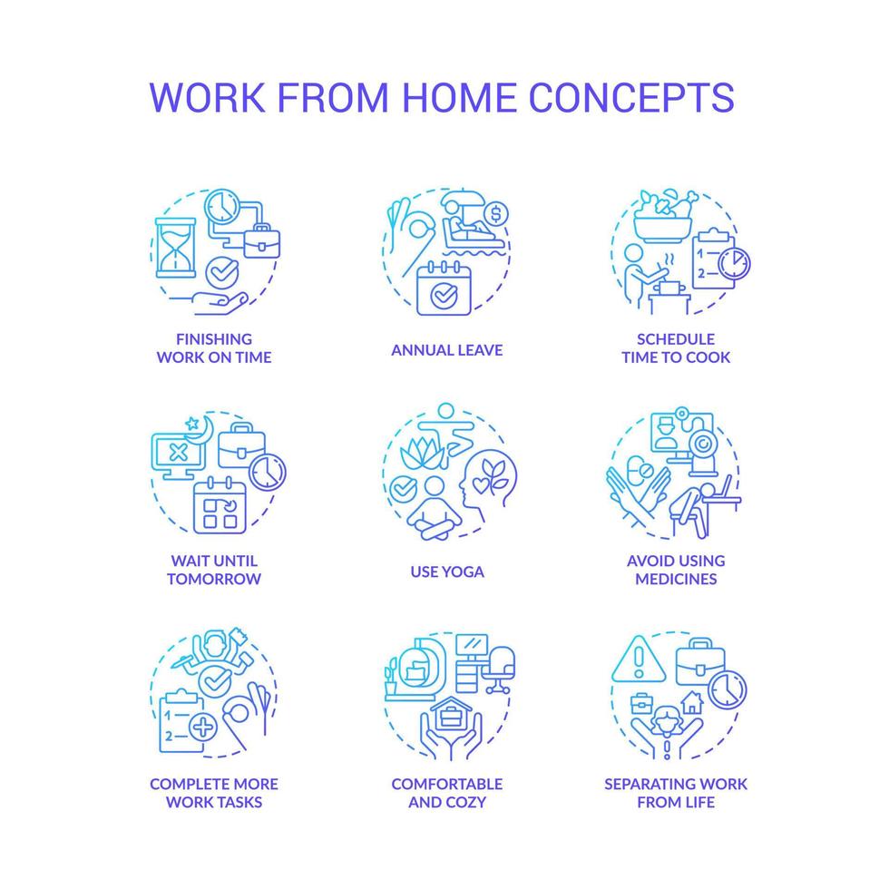 Work from home tips blue gradient concept icons set. Care of yourself. Burnout prevention idea thin line color illustrations. Isolated symbols vector