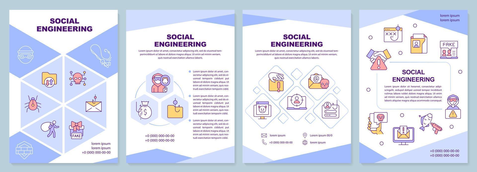 Social engineering blue brochure template. Security hacker. Leaflet design with linear icons. Editable 4 vector layouts for presentation, annual reports