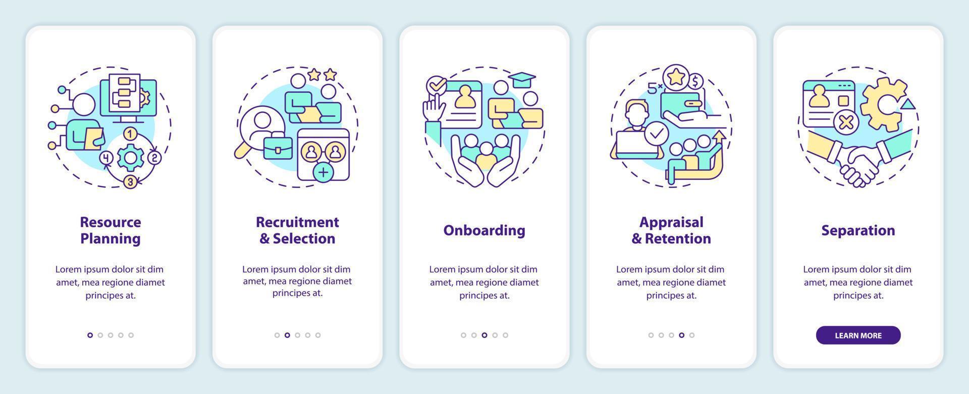 IT staffing process onboarding mobile app screen. Recruitment walkthrough 5 steps editable graphic instructions with linear concepts. UI, UX, GUI template vector