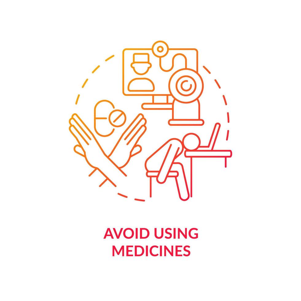 Avoid using medicines red gradient concept icon. Stop self-medication. Health care tip. Employee burnout abstract idea thin line illustration. Isolated outline drawing vector