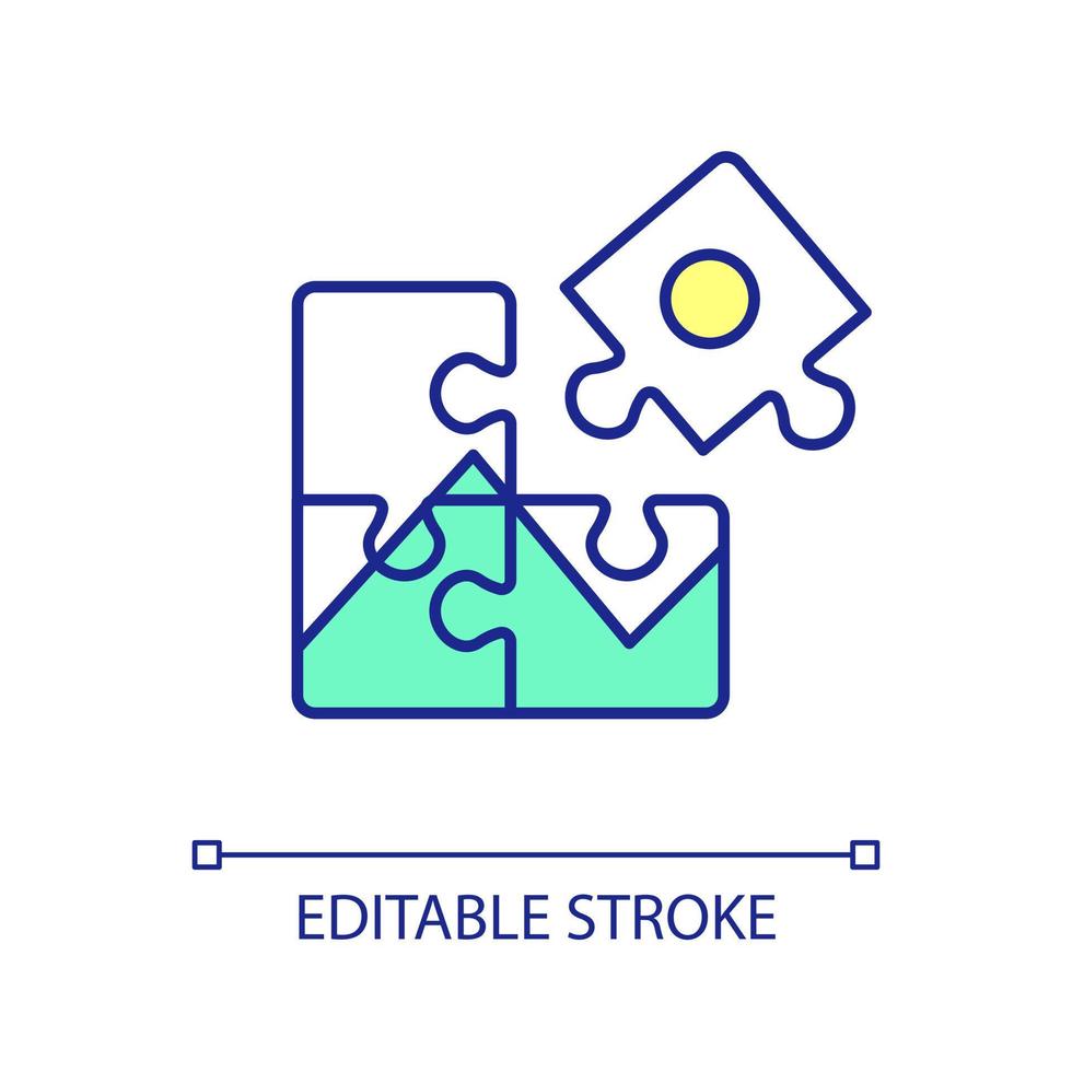 Jigsaw puzzle assembling RGB color icon. Brain teaser game. Intellect development and entertainment. Isolated vector illustration. Simple filled line drawing. Editable stroke