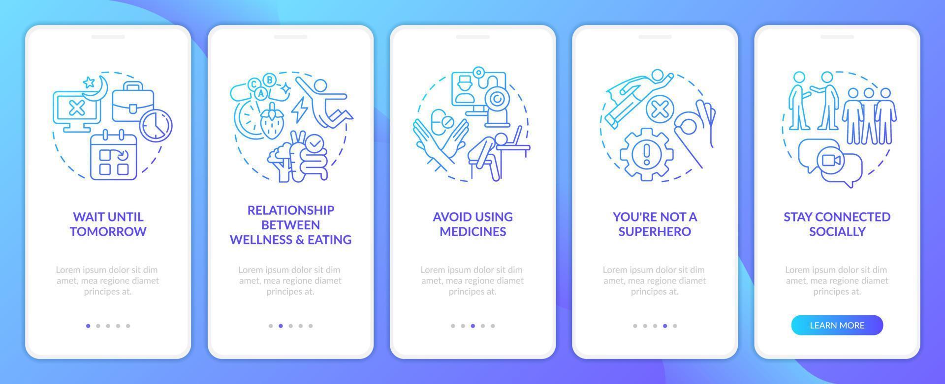 Burnout recovery blue gradient onboarding mobile app screen. Self care walkthrough 5 steps editable graphic instructions with linear concepts. UI, UX, GUI template vector