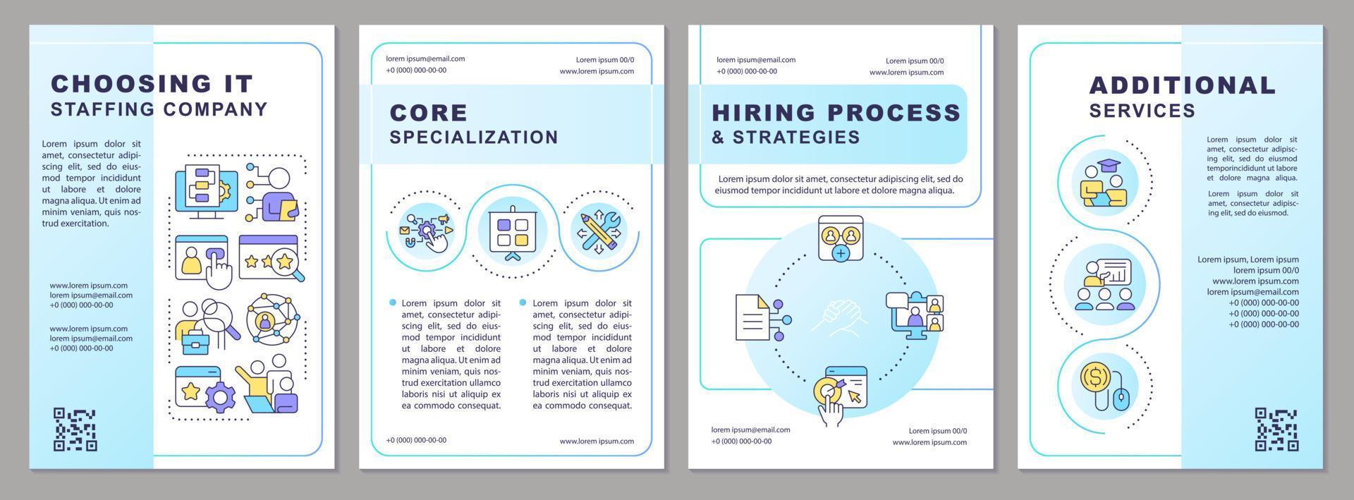 Choosing IT staffing company blue brochure template. Leaflet design with linear icons. Editable 4 vector layouts for presentation, annual reports