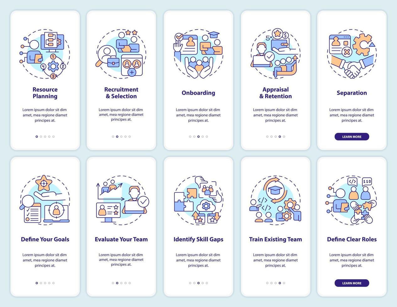 Information technology staffing onboarding mobile app screens set. IT walkthrough 5 steps editable graphic instructions with linear concepts. UI, UX, GUI template vector