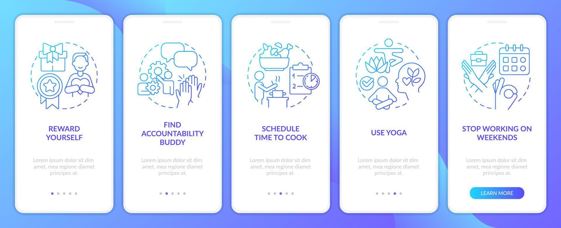 Employee mental health blue gradient onboarding mobile app screen. Walkthrough 5 steps editable graphic instructions with linear concepts. UI, UX, GUI template vector