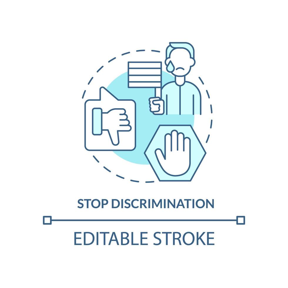 Stop discrimination turquoise concept icon. Unjust treatment. Dealing with lgbt issue abstract idea thin line illustration. Isolated outline drawing. Editable stroke vector