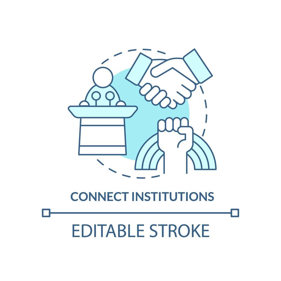 Connect institutions turquoise concept icon. Social organizations. State support abstract idea thin line illustration. Isolated outline drawing. Editable stroke vector