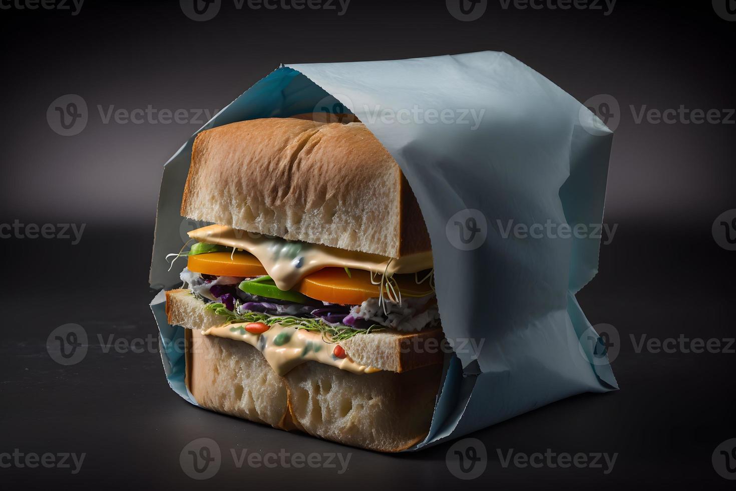 Homemade take away sandwich packed in a gray paper food photography photo