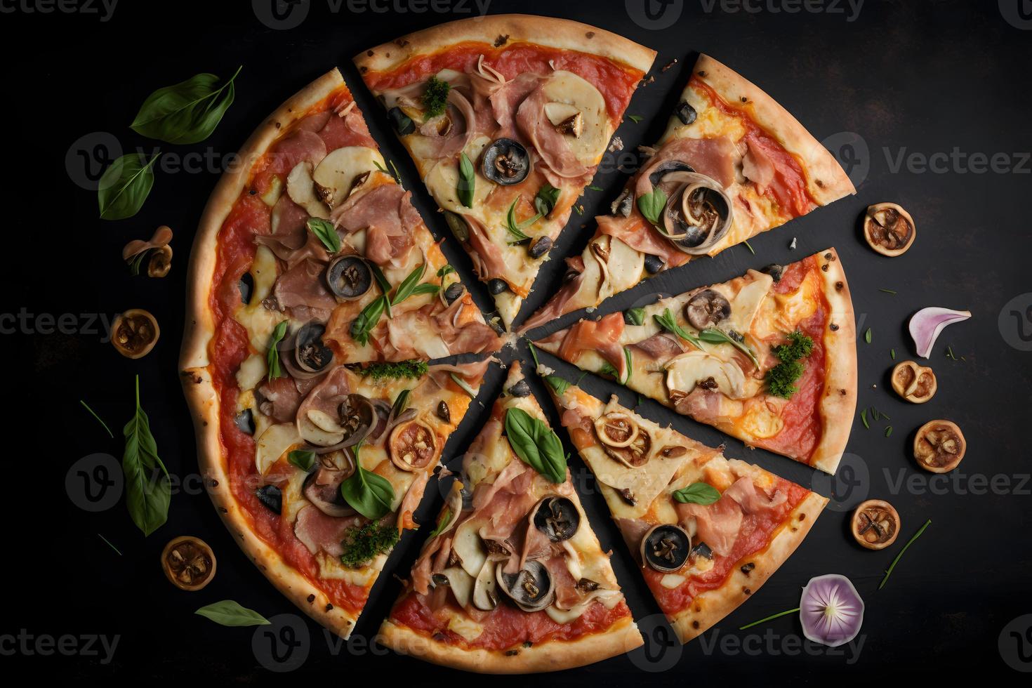 Capricciosa pizza made of ham and mushrooms. Traditional Italian pizza food photography photo