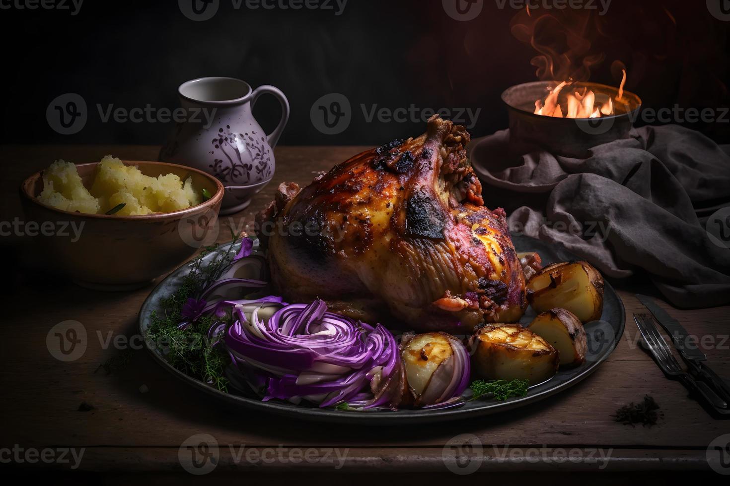 Cripsy roasted pork knuckle served with potatoes and pickled cabbage food photography photo