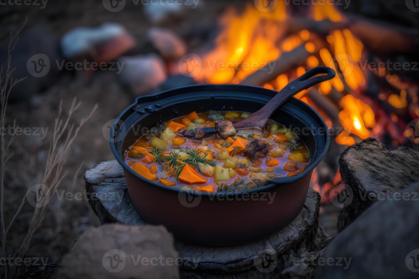 Delicious and hot hunters stew on bonfire food photography photo