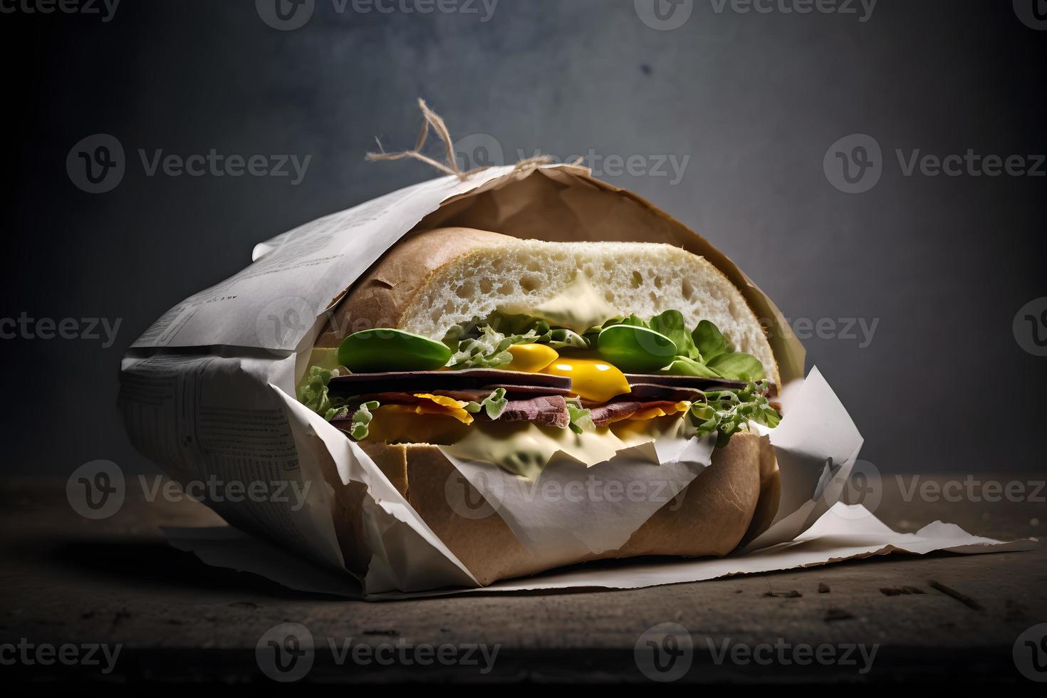 Homemade take away sandwich packed in a gray paper food photography photo