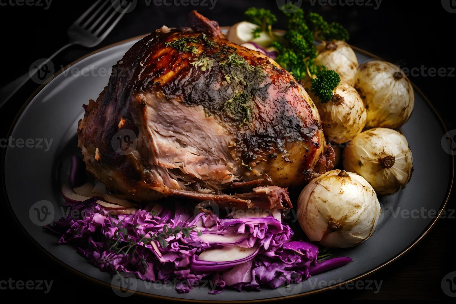 Cripsy roasted pork knuckle served with potatoes and pickled cabbage food photography photo